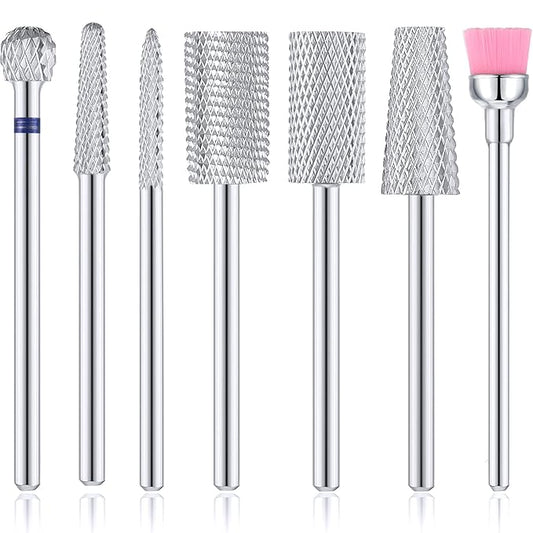 Hestya 7 Pieces Nail Drill Bits Set Tungsten Carbide Drill Bits for Nails Electric File 3/32 Inch Diamond Manicure Pedicure Cuticle Remover Tools for Acrylic Gel fingernail Salon(Silver)