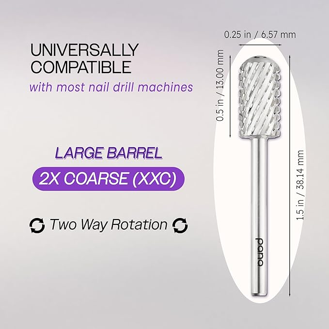 PANA 3/32" Large Smooth Round Top Safety Carbide Nail Drill Bit for Gel Polish & Acrylic Removal Nail Salon Manicure Pedicure Electric File Tools (Large Barrel - Silver, 2X Coarse)