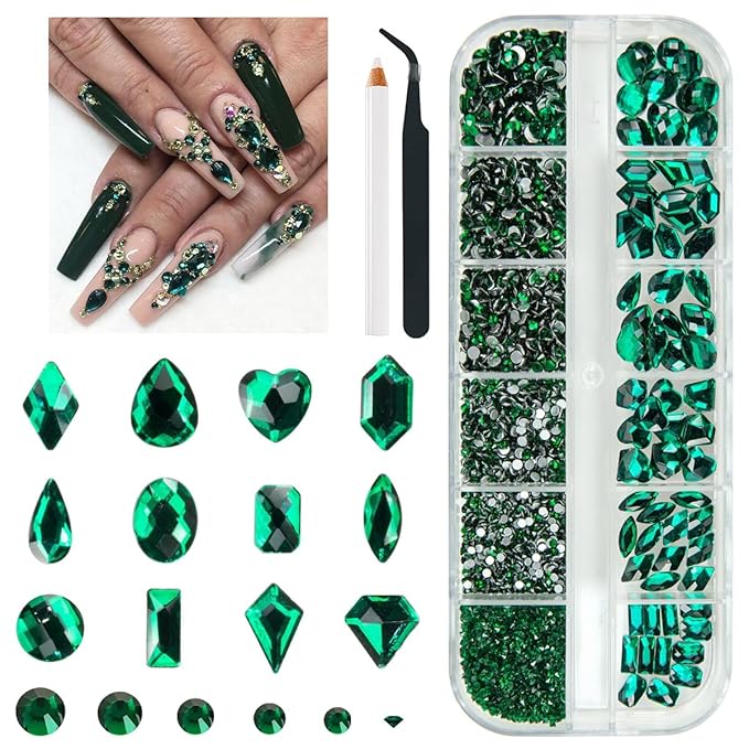 2052Pcs Emerald Green Nail Art Rhinestones Kit Green Nail Charms Multi Shapes Crystal Flatback Rhinestones Big Gems + Round Beads Glass Stones Diamonds jewels for Nails Faces Eyes Makeup Crafts