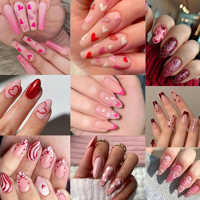 10 Sheets Valentines Nail Stickers Hollow Hearts Nail Decals 3D Self Adhesive Pink Red Bow Peach Heart Shaped Nail Art Stickers French Heart Nail Decorations for Women DIY Nail Art Designs Supplies