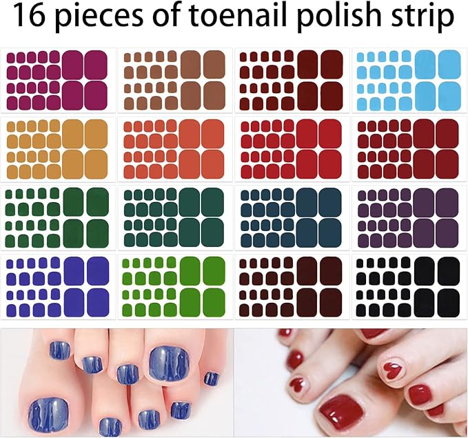 DANNEASY 16 Sheets Toe Nail Stickers Full Nail Wraps for Women Solid Color Toenail Polish Strips Self Adhesive Toes Nail Polish Stickers Gel Strips Nails Manicure Sticker with File, Cuticle Stick