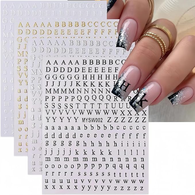 8 Sheets Letter Nail Stickers - 3D Self-Adhesive English Alphabet Nail Decals - Black, White, Gold, Silver - Big & Small Letter Nail Art Design Stickers for DIY Acrylic Nail Art Decorations & Charms