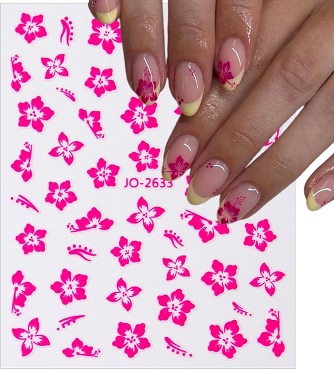 8Sheets Color Flower Nail Stickers 3D Hollow Out Hibiscus Nail Decals Pink Yellow White Floral Designs Summer Cute Flowers Decals Pegatinas Uñas for Women Girls DIY Manicure Decoration Accessories