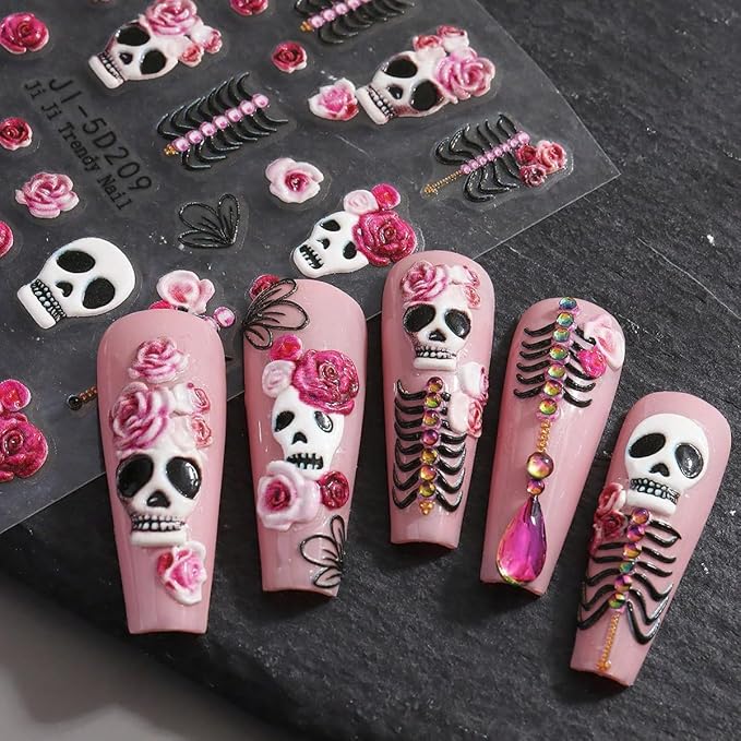 Halloween Nail Art Stickers Decals Rose Skull Skeleton Halloween Nail Design 5D Embossed Nail Decals Nail Art Supplies 2PCS Fantasy Bone Skeleton Holiday Stickers for Women DIY Manicure Decorations
