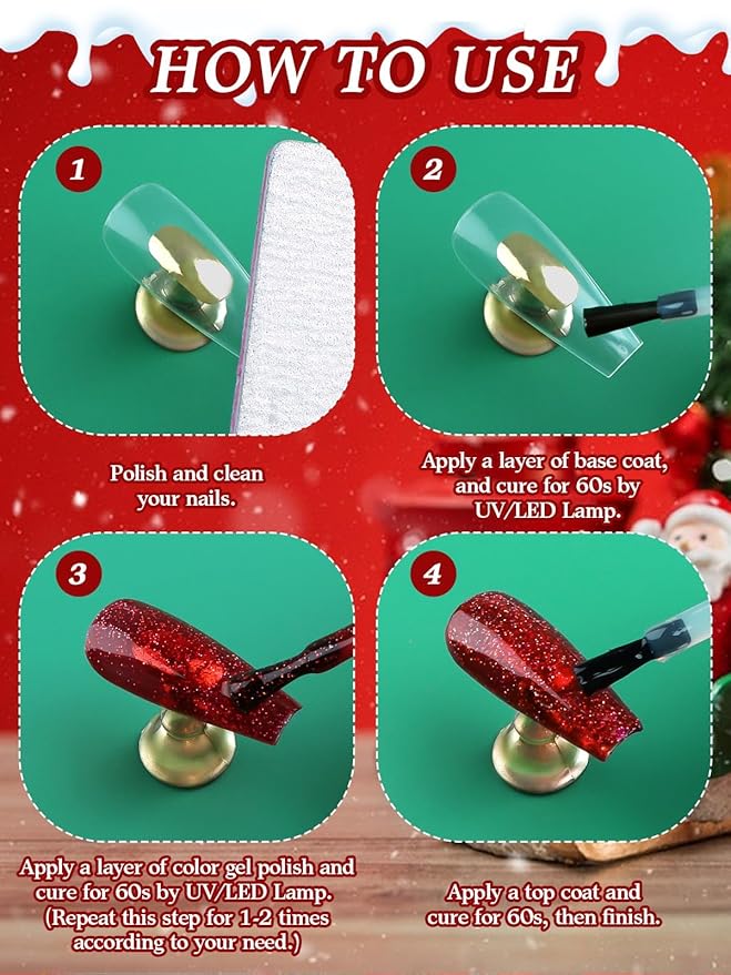 EBANKU Gel Nail Polish Kit, 12 Colors Gel Polish Kit Red Green Gel Polish Glitter Blue Silver Gel Polish Set Christmas Nail Polish Kit DIY Manicure Set For Holiday Nail Art Decoration