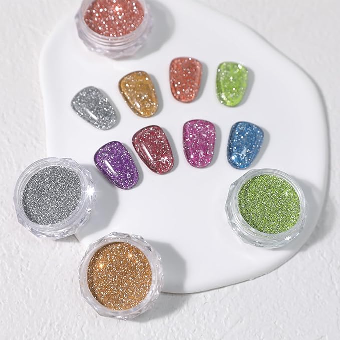 6 Colors Glitter for Nails, 1g Nail Powder Rainbow Silver Gold Green Purple Pink Blue for Nails Holographic Decorations for Nail Art Tips Manicure