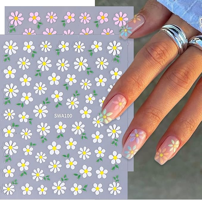6 Sheets Flower Nail Stickers 3D Self-Adhesive Spring Floral Line Nail Decals for Acrylic Nails, Blue Pink White Flower Nail Art Stickers for Women DIY Nail Art Decoration Supplies