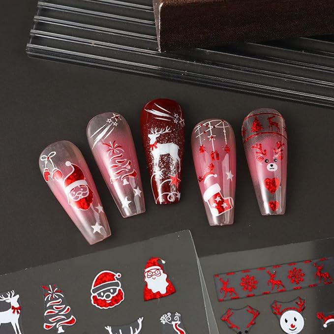 Christmas Nail Art Stickers Deer Antler Christmas Nail Decals 3D Self-Adhesive Nail Art Supplies 6PCS Red Bell Xmas Trees Santa Claus Elk Xmas Design Nails Adhesive Stickers for Women Nail Decorations