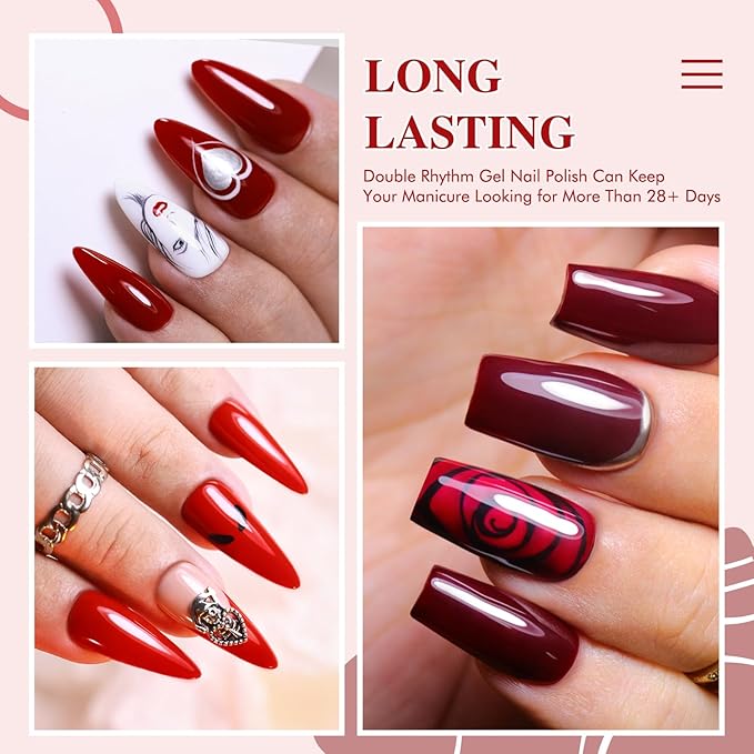 Double Rhythm Gel Nail Polish Set of 6 Colors Baby Light Pastel Milky Nail Polish Starter Kit Art DIY Salon Home (Red Glitter Dark Neon Red Maroon Burgundy,Kit 15)