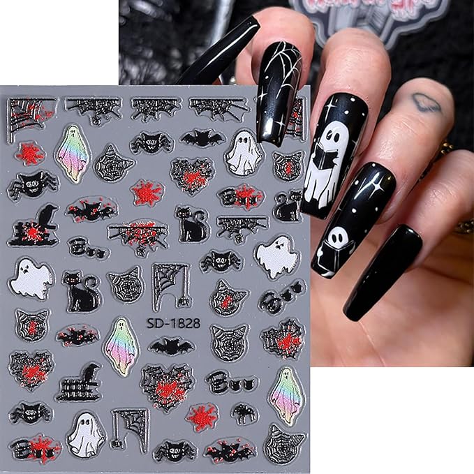 6 Sheets Halloween Nail Art Stickers Ghost Spider Web Skull and Pumpkin Nail Stickers Cute Nail Decals for Nails Art 3D Self-Adhesive Nail Art Supplies for Women Girls