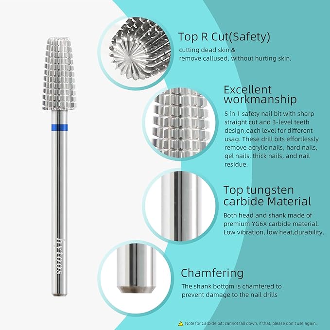 Mini 5 in 1 Nail Drill Bit, 10mm Tapered Drill Bits for Nails, 3/32" Two-way Professional Safety Carbide Nail Bits, Electric Manicure Acrylic Gel Polish Cuticle Clean Removal Tool, Medium