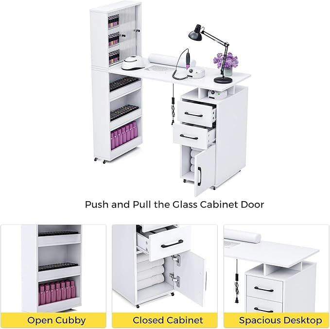 Manicure Table Nail Desk for Nail Tech w/Glass Door Storage Cabinets & Wrist Rest, Beauty Salon Nail Supplies Decor Workstation Acetone Resistant, with Dust Collector (White)