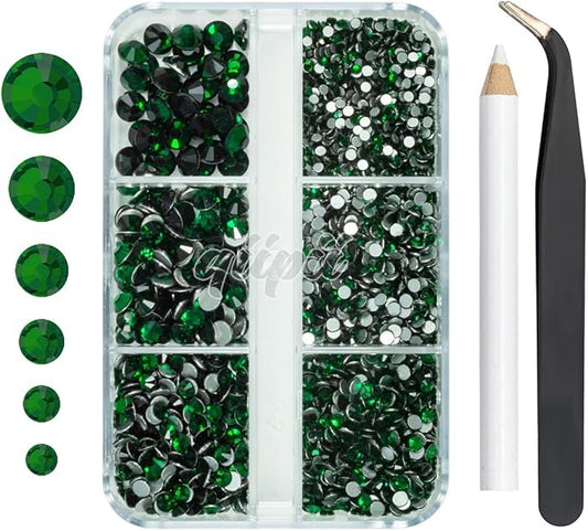 2550pcs Emerald Green Nail Art Flatback Rhinestones for Face Makeup Dark Green Nail Gems Gemstones K9 Glass SS4~SS20 6 Sizes Diamonds Stones Crystals w Tweezer & Picking Pen for Nails DIY Craft