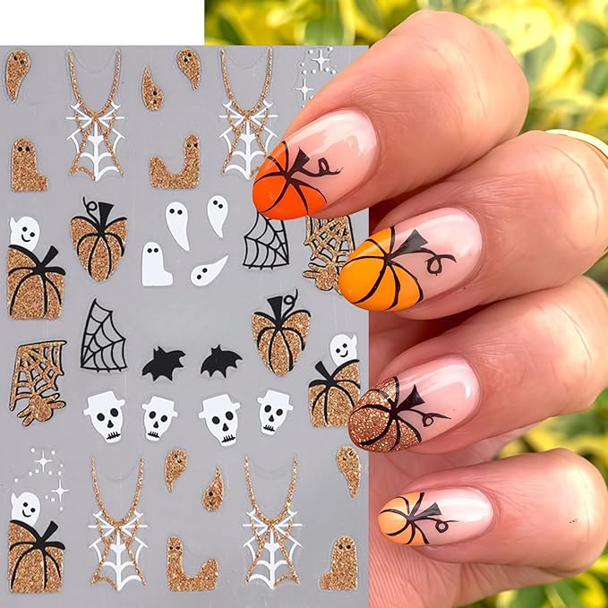 6 Sheets Halloween Nail Art Stickers Gold Glitter Pumpkin Nail Decals 3D Self Adhesive Ghost Spider Web Skull Bats Nail Design Nail Stickers Manicure Accessories for Women DIY Manicure Decoration