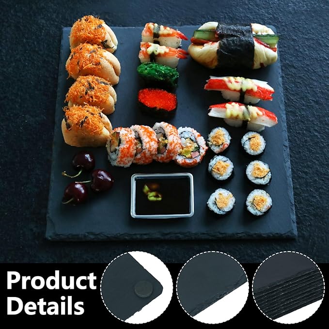 4 Pack 12 x 12 Inch Slate Cheese Boards, Black Square Slate Charcuterie Boards, Natural Charcuterie Stone Plates for Parties, Gifts, and Special Events, Cheese, Sushi, Food.