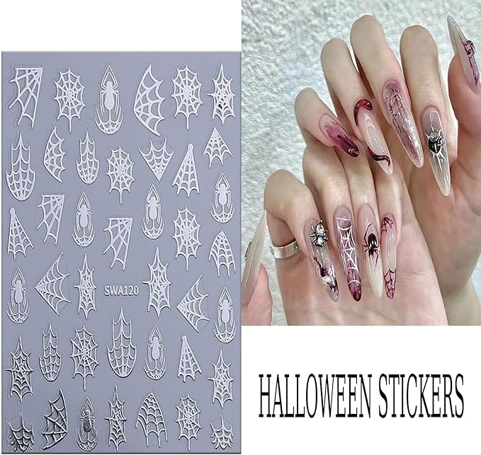 6 Sheets Halloween Spider Web Nail Art Stickers 3D Self -Adhesive Spider Web and Spider Nail Decals Holographic Black Gold Silver Nail Stickers Halloween Nail Decoration for Women Manicure Supplies