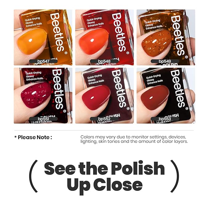 Beetles Fall Nail Polish Set - Golden Harvest 6 Colors Quick Drying Long-Lasting Burgundy Brown Red Jelly Glitter Christmas Nail Polish for DIY At-Home Manicure Christmas Gift for Women