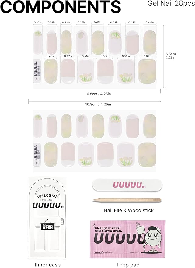 UUUUUU Semi Cured Gel Nail Strips | Salon-Quality | UV Free Gel Nail Wraps for Women | Easy Peel&Stick | Long-Lasting up to 14 Days | 28 Strips Set+File & Wipes | Gift-Ready (UGN140 Dear Jane)