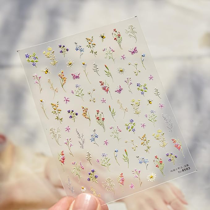 1Pcs Embossed Flower Nail Stickers Small Daisy Nail Decals 5D Embossed Wildflower Nail Art Stickers Spring Summer Pink Yellow Blue White Green Flower Design Nail Art Decoration for Women Girls Kids