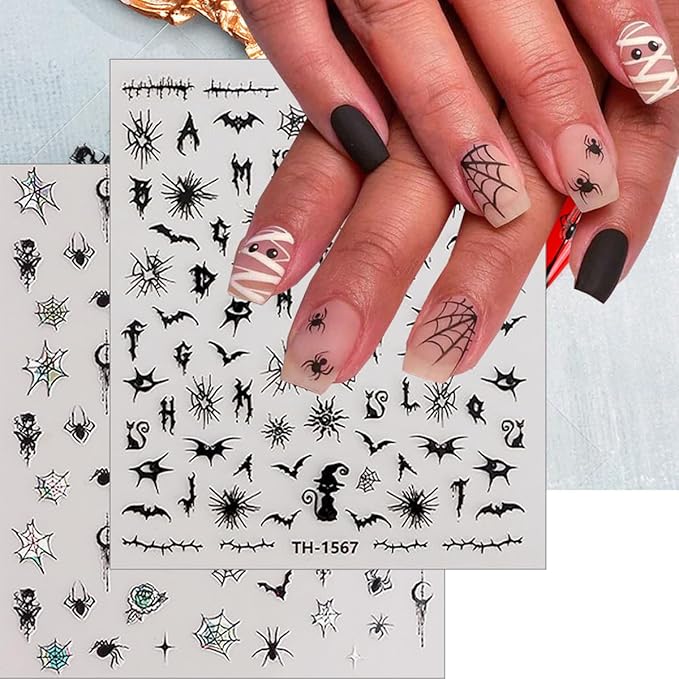 6 Sheets Halloween Bat Spiders Nail Art Stickers Black White Ghost Nail Decals Pumpkin Spider Web Skull Design Goth Nails Sticker Halloween Nails Decoration for Women DIY Holiday Manicure Supplies
