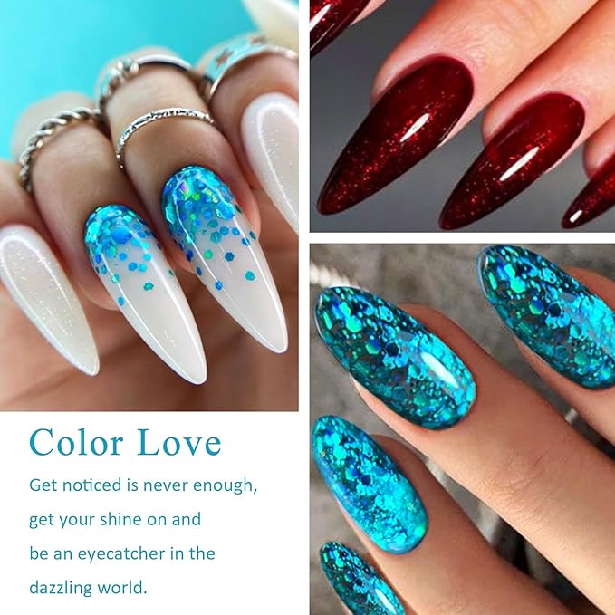 MEET ACROSS 8 Colors Glitter Gel Nail Polish Sparkly Shiny Gold Silver Pink Gel Polish Kit Glitter Red Black Blue Nail Polish Set Manicure Nail Art DIY Salon Home Holiday Gift for Women