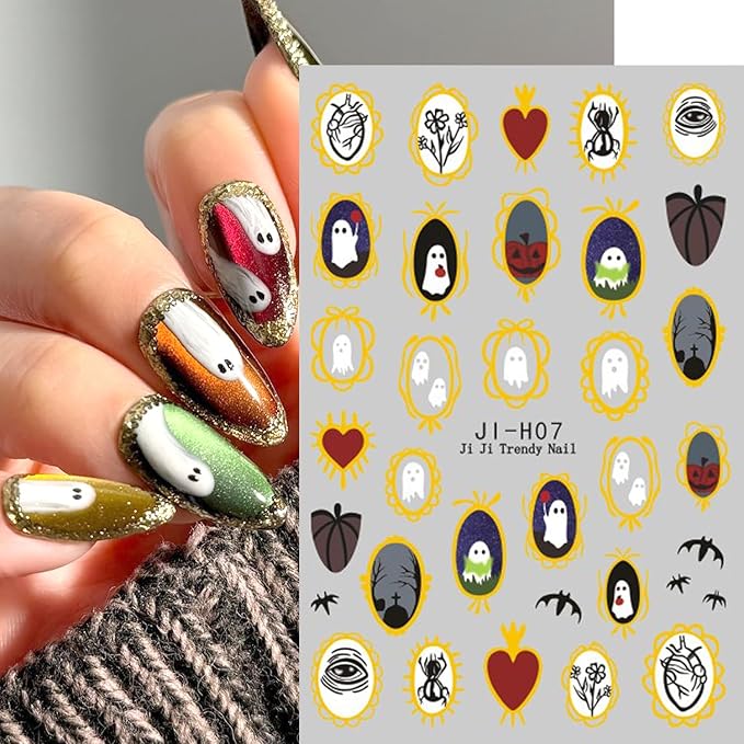 2Sheets Halloween Nail Art Stickers 3D Ghost Spider Nail Decals with Gold Edge Designs Nail Stickers Self Adhesive Bat Heart Nail Decal Black Cat Crow Nail Sticker for Women DIY Nails Decor Supplies