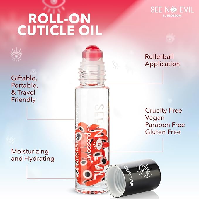 Blossom Cuticle Oil, See No Evil Scented Roll on Cuticle Oil for Nails, Rollerball Application for Nail Support, Cruelty Free, 0.19oz, Courage Rose