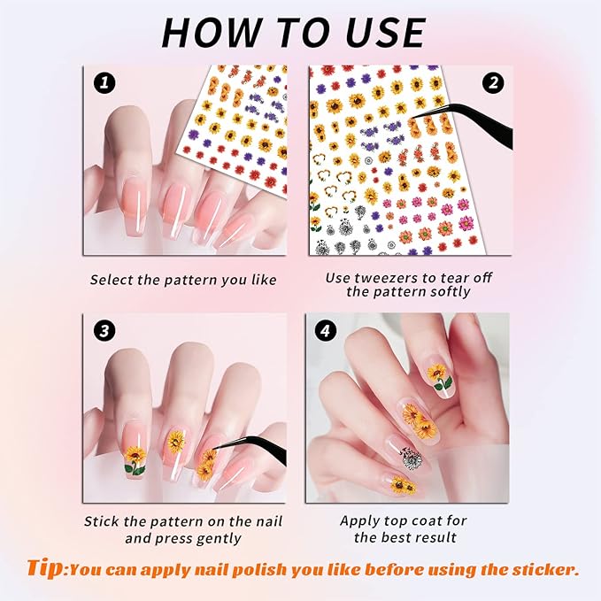 Nail Art Stickers for Women Girls Kids, 18 Sheets Acrylic Decals with Tweezers, Heart Sunflower Fruit Panda Lips Designs, Self-Adhesive Waterproof Nail Decoration