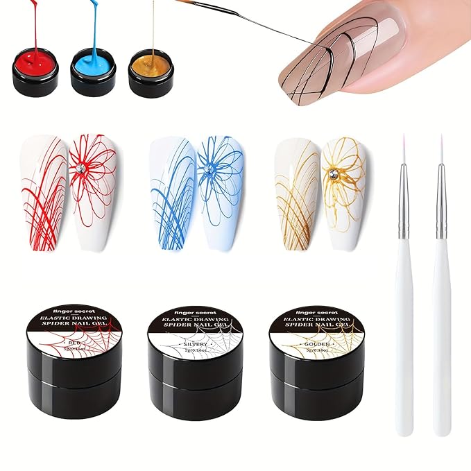 5g/0.18oz Spider Nail Gel Kit for Nail Painting Nails Art Design for Art Wire Drawing Nail Gel for Line with Brushes (Red Golden Blue)