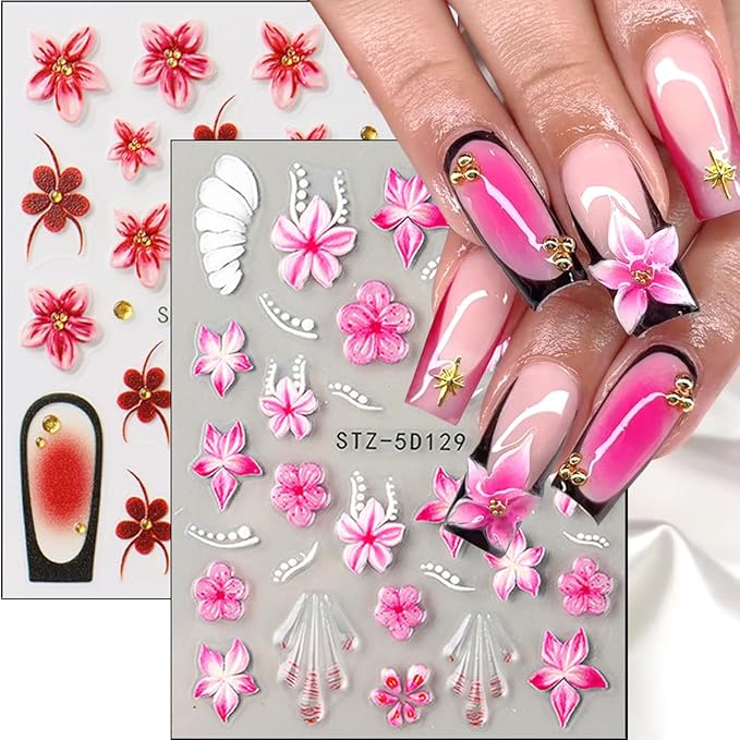 3Pcs Summer Flower Nail Art Stickers Decals 5D French Tip Nail Stickers Floral Nail Decals Colorful Flowers Nail Design Stickers Spring Cherry Blossom Nails Supplies for Women DIY Manicure Decor