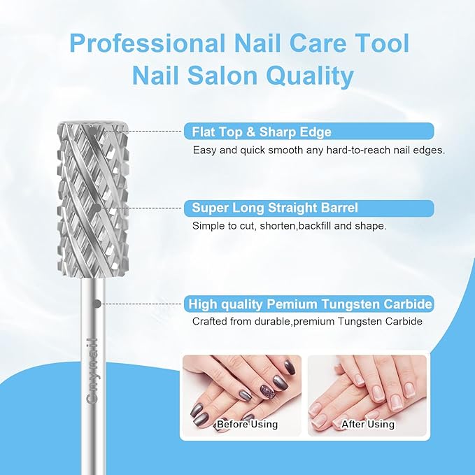 3/32" Large Barrel Bit Tungsten Carbide Nail Drill Bit Safety Bit for Gel & Acrylic Removal, 2- Way Rotating Efile Tip, Salon Electric File Accessory (4XC Girt, Silver)