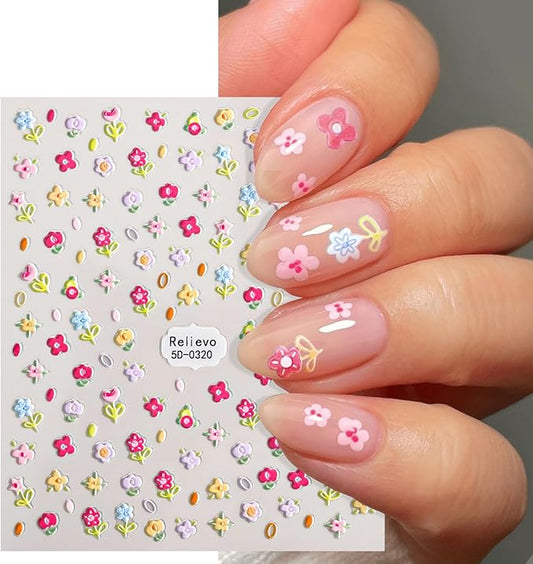 Colorful Flower Nail Stickers for Nail Art, 5D Embossed Nails Art Stickers Decals Self Adhesive Floral Nail Sticker for Women Spring Nails Sticker Decoration