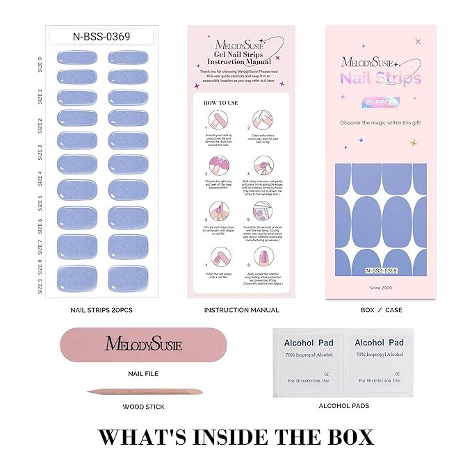 MelodySusie Semi Cured Gel Nail Strips (Pearly Blue), Works with Nail Lamp, Salon Quality, Long Lasting, Easy to Apply and Remove, Includes 20Pcs, 2 Prep Pads, Nail File and Wooden Stick
