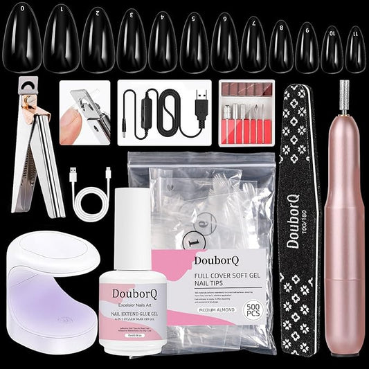 Major Dijit Gel Nail Kit - Beginner Gel Nail Set with Nail Drill, 0.5oz 4-in-1 Nail Glue, 500PCS Medium Almond Nail Tips, Nail Clipper, UV Lamp for Nail Extension & Art (Medium Almond)