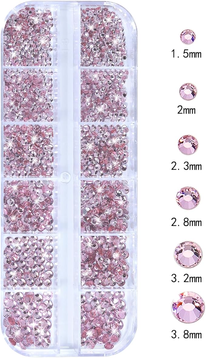 Nail Rhinestones - 3D Multi Shape Size, Flat Back, Manicure Rhinestones Charms, Crystal Pink Gems, with Kit, for Nail Art, Bedazzling Acrylic Nails, DIY Decor