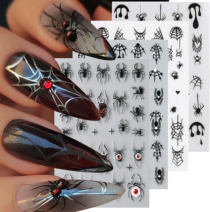 4 Sheets Halloween 5D Embossed Spider Nail Stickers for Nail Art Exquisite Glitter Rhinestones Nail Design Stickers Self-Adhesive Evil Eye Nail Decals Holiday Nail Art Decoration for Women DIY Set