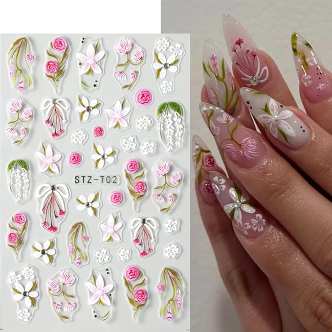 3Pcs Summer Flower Nail Art Stickers Decals 5D French Tip Nail Stickers Floral Nail Decals Colorful Flowers Nail Design Stickers Spring Cherry Blossom Nails Supplies for Women DIY Manicure Decor