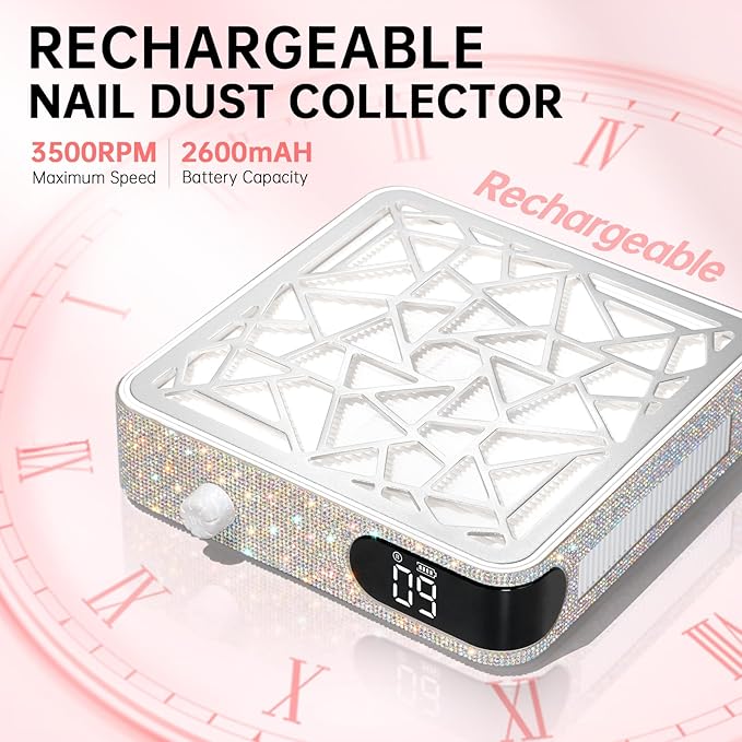 Nail Dust Collector, Cordless Dust Collector Nail Tech, Powerful Vacuum Fan Vent Dust Collector Extractor Dust Suction Machine for Acrylic Nails Polishing, Nail Salon, White Diamond