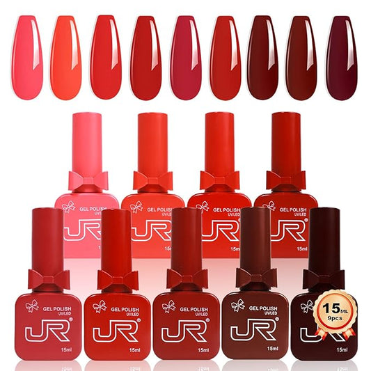 JR 9pcs 15ml Deep Red Burgundy Gel Polish Set Crimson Soak Off Polish Dark Cherry Gel Polish For Nail Salon Gift Red