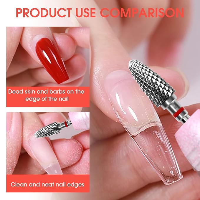 3 Pack Professional Carbide Nail Drill Bits Set with Cleaning Brush, 3/32" 5 in 1 Tungsten Safety Cuticle Bits for Manicure Pedicure Gel Polish Removal (Fine Teeth, Round & Pointed Head)