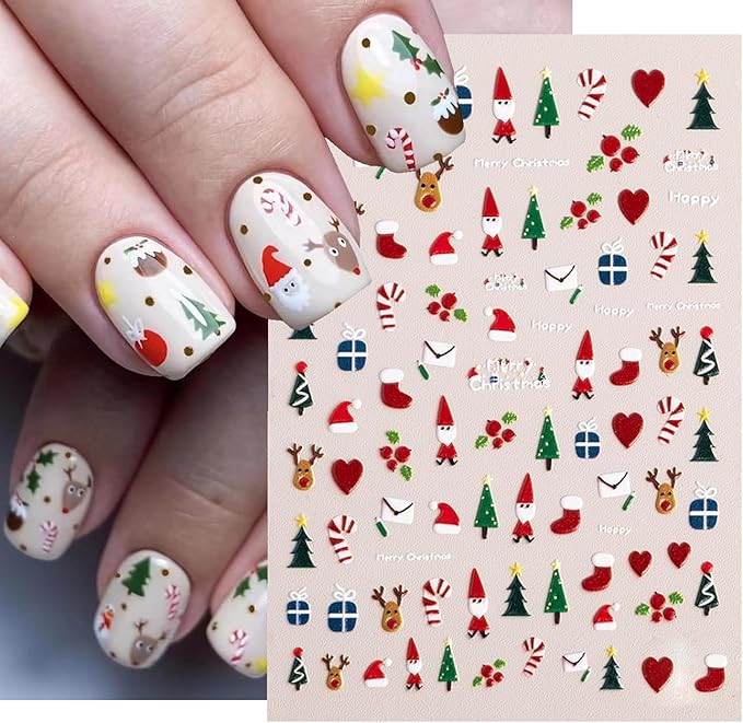 6Sheets Cute Christmas Nail Art Stickers 5D Embossed Cute Santa Claus Elk Designs Nail Decals Self-Adhesive Snowman Snowflake Nail Sticker Xmas Tree Gingerbread Man Nail Decal for Women Nails Decor