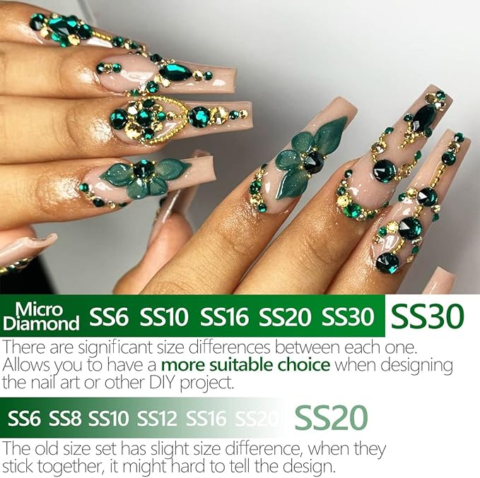 4010pcs Green Nail Art Rhinestones Kit, qiipii Round Glass Emerald Flatback Crystal Stones Nail Charms 6 Sizes (1.6-6.1 mm) Up to SS30 Nail Gems w Pick up Tweezer Pen for Nail Crafts Face Eyes Makeup