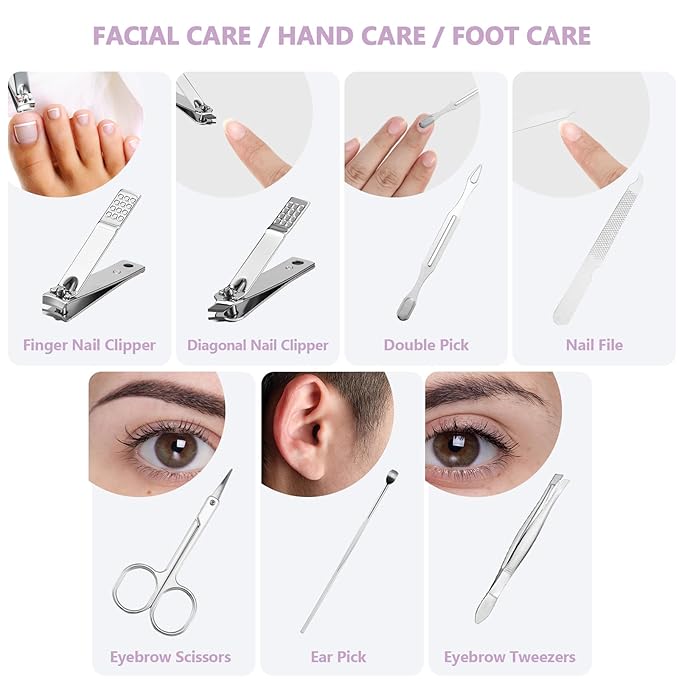 12 Set Manicure Set Bulk Mini Manicure Nail Clipper Kit 7 in 1 Stainless Steel Professional Nail Care Pedicure with Travel Portable Bag Grooming Kits for Christmas Women Men Home(Purple)