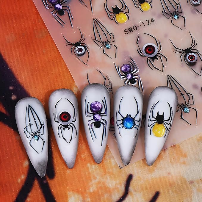 2 Sheets Halloween Nail Art Stickers Flower Nail Stickers 5D Self-Adhesive Colorful Spider Nail Decals Cute Ghost Nail Art Skeleton Nail Supplies Decoration for Women and Girls