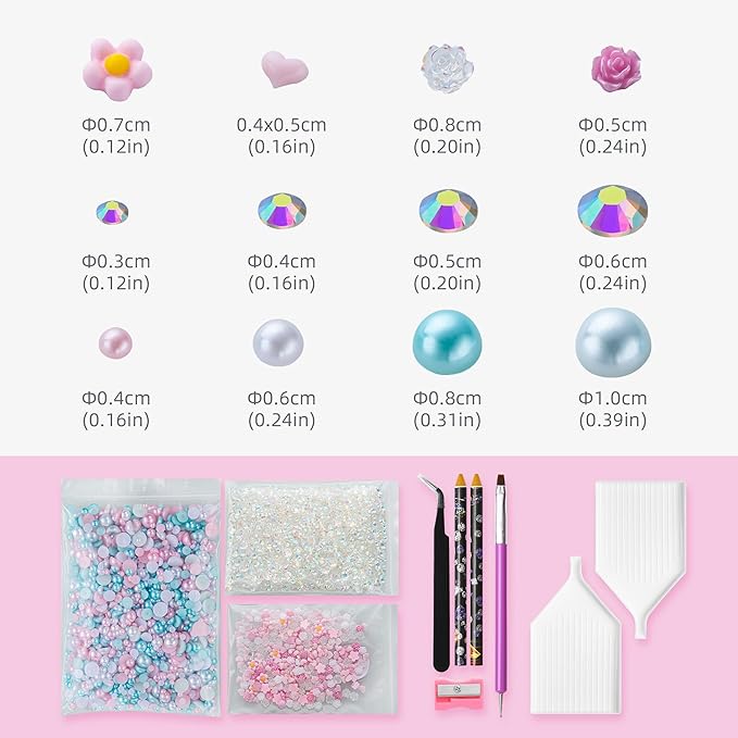 160g Cyan Pink Flat Back Pearls Rhinestones for Crafts Mixed Size 3mm-10mm AB Color Round Half Pearls Flatback Pearl Beads and Resin Rhinestones Set for Face Art