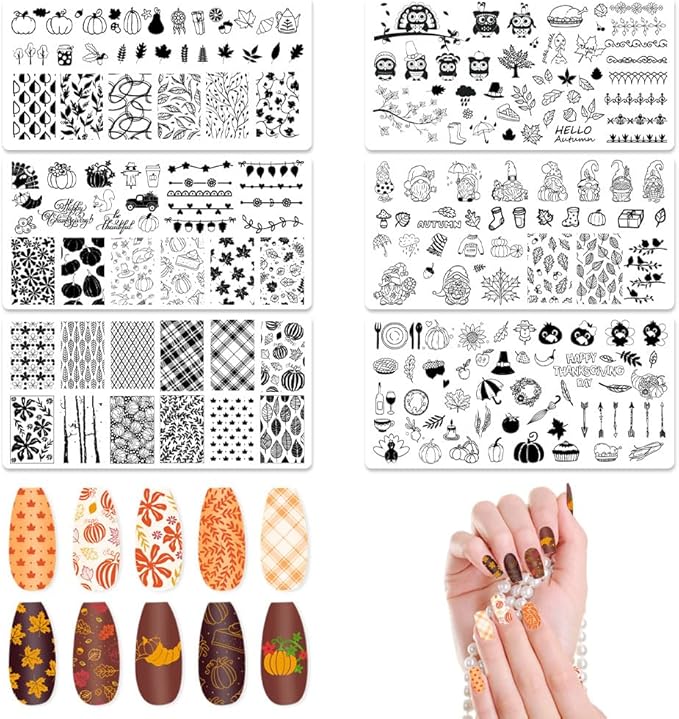 ALIBBON 6 Pcs Fall Nail Stamping Plates Set, Leaves Background Nail Art Stamp Templates, Pumpkin Gnome Stamp Templates Kit, Happy Thanksgiving Day Metal Nail Plates for DIY Printing Decor 4.7×2.4"