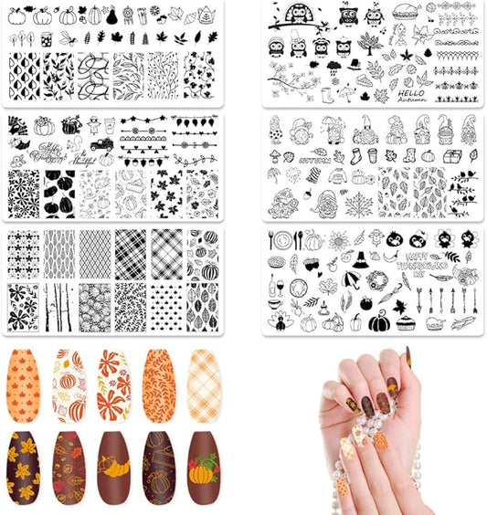 ALIBBON 6 Pcs Fall Nail Stamping Plates Set, Leaves Background Nail Art Stamp Templates, Pumpkin Gnome Stamp Templates Kit, Happy Thanksgiving Day Metal Nail Plates for DIY Printing Decor 4.7×2.4"
