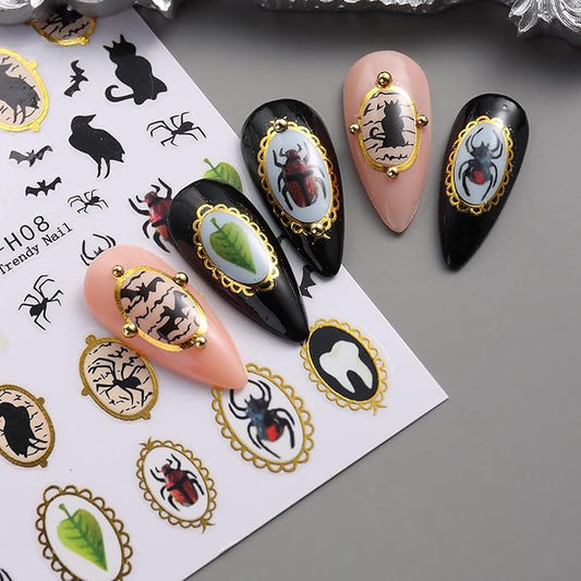 2Sheets Halloween Nail Art Stickers 3D Ghost Spider Nail Decals with Gold Edge Designs Nail Stickers Self Adhesive Bat Heart Nail Decal Black Cat Crow Nail Sticker for Women DIY Nails Decor Supplies