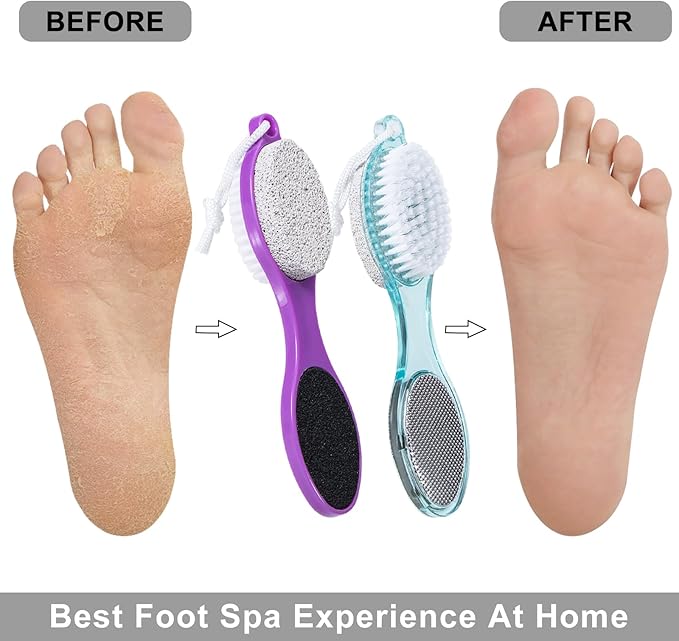 Pumice Stone Brush for Feet 4 in 1, Foot File Callus Remover, Foot Rasp and Sand Paper Pedicure Tools with Handle, Shower Foot Scrubber, Soft Smooth Feet for Home Foot Care,2 Pack