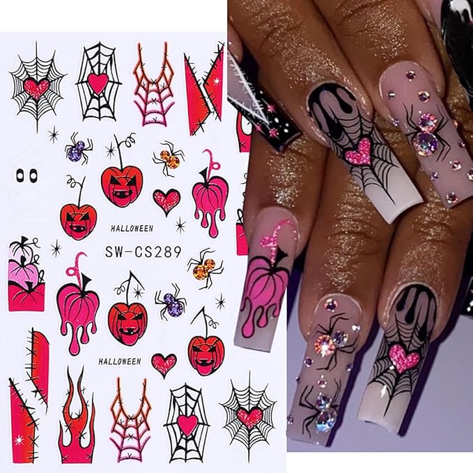 8Pcs Halloween Nail Stickers Cute Rabbit Ghost Nail Decals 3D Self Adhesive Pumpkin Spider Web Design Fall Nail Art Stickers Horror Ghost Nails Supplies French Sticker for Holiday Manicure Decoration